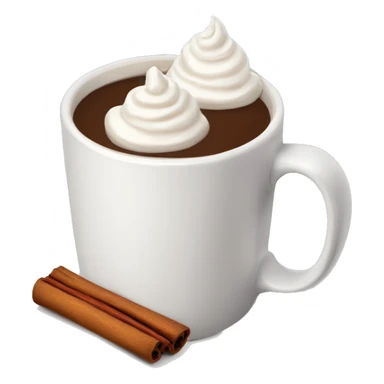 “A white mug of hot chocolate with whipped cream, a cinnamon stick, and steam rising.” sticker
