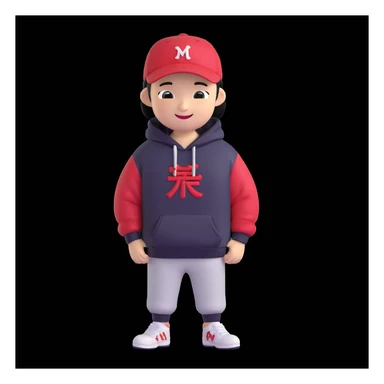 memoji-style Chinese American character for a profile photo, wearing a hoodie and a backwards baseball cap, smiling, simple background sticker