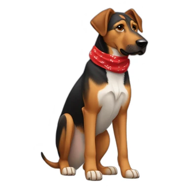 75% Coonhound 25% German Shepherd mix dog wearing small plain red bandana side view full body in profile left facing sticker