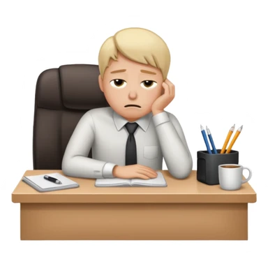 Professional person experiencing burnout, exhausted and overwhelmed, tired eyes, slumped posture, sitting at a desk, iOS emoji style sticker