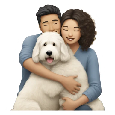 asian couple hugging with a big white goldendoodle sticker