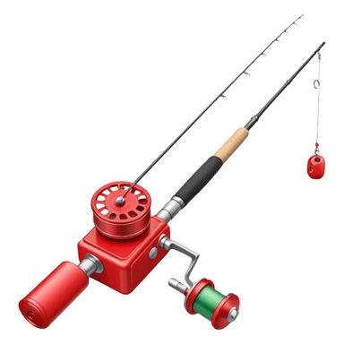 A fishing rod with reel and line neatly coiled beside a bait box. sticker