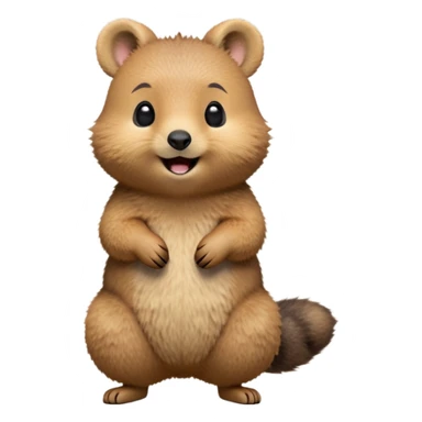 cinematic-quokka-realistic-full-body-standing on its hind legs hunched over-emoji,-small-round-frame-balanced-on-tiny-strong-hind-legs,giant fluffy cheeks large smile-fluffy-brown-fur-radiating-a-warm-softness,-big-round-eyes-filled-with-joy-and-innocence,-tiny-clawed-paws-held-close-to-chest,-cheerful-smile-exuding-endearing-happiness,-simplified-yet-realistic-focused-features,-highly-detailed,-glowing-with-a-sunny-warmth, skinny tail sticker