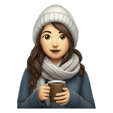 white female data science engineer with dark brown straight long hair in a tech startup wearing woolly scarf and wearing a coffee mug, not full body shot sticker