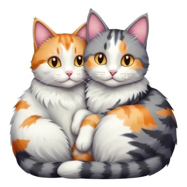 grey and white cat cuddling a colourful light patched calico + white tabby cat sticker