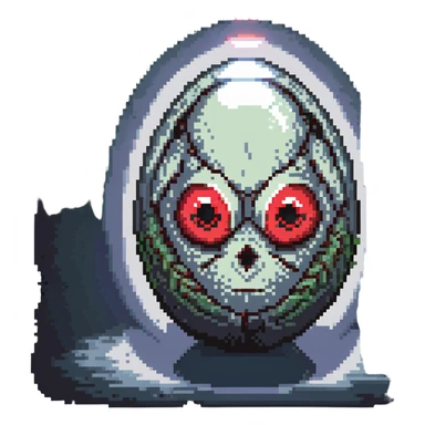 a strange large transparent alien egg, floating inside with a visible creature inside, embryo, embryonic, fetal shape, primordial, 3 glowing red eyes, illuminated from above sticker