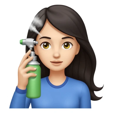 Emoji-style illustration of a woman with long dark hair, front-facing, simple rounded facial features, big expressive eyes, flat vector shading. A hand is spraying hair spray from a small aerosol can toward her hair, visible mist/spray particles in the air.  sticker