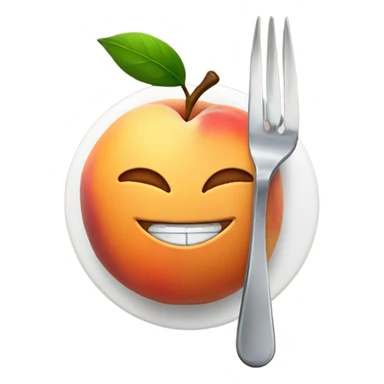 Smiling face with a fork and knife in front of a peach  sticker