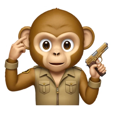 “A monkey covering his mouth with one hand and holding a gun to his head with the other hand.” sticker