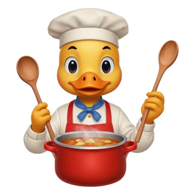 A duck wearing red apron stirring soup in a small pot, looking very focused. sticker