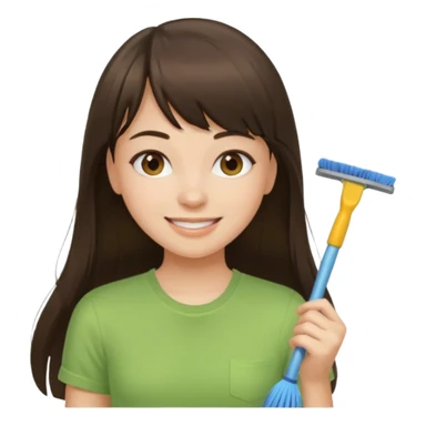 girl brunette with bangs long hair cleaning light green shirt sticker