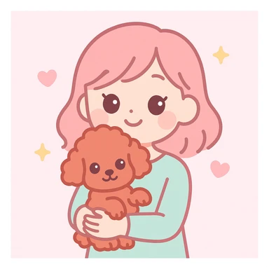 a cute woman holding a red toy poodle, playful and sweet, pastel tones, minimal background sticker