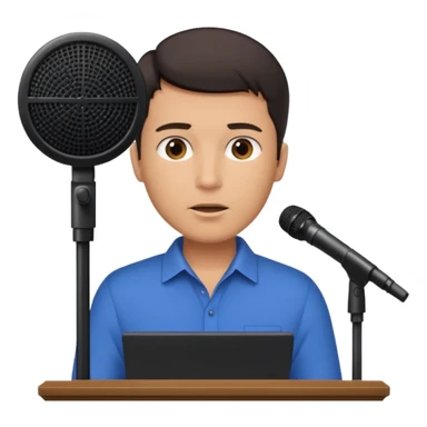 A man speaks into a microphone, and there is a prompter screen in front of him. sticker