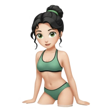 Fullbody nude very beautiful white young woman very beautiful face with freckles, green almond eyes long lashes, wavy  black hair in a bun i big boobs, big ass, sexy body,  bending over, getting ready for sex, realistic, big ass, busty but skinny, white socks on, and gray bikini but rest nude sticker