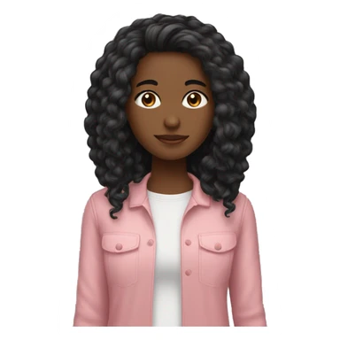 cabelo longo preto enrolado, menina pele bege, olhos pretos, roupa rosa claro. sticker