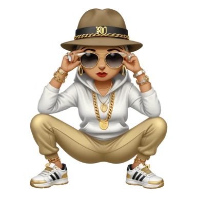 female cat wearing Run DMC hip-hop outfit with tracksuit, fedora, Adidas sneakers, dark sunglasses, many gold chains, rings, bracelets, flashy earrings, fallen down with distressed expression sticker