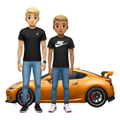 Grunge-style analog photo, London 2025, person inspired by the new reference image in model pose in front of a Nissan GT 86, black t-shirt, jeans, Nike Air Jordan low, using flash, analog grain, city night, 1/8. sticker