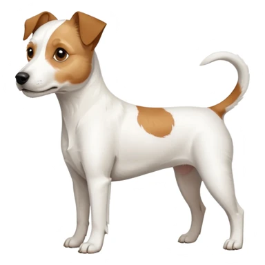 a full body white parson russell looking dog the size of a kelpie with light brown ears and a light brown patch on one eye and a large snout sticker