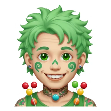 very colorful puffy green haired man made out of candy  and excessive face tattoos and excessive piercing just face  sticker