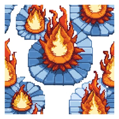 Bomberman downward-facing end-cap explosion tile, flames ending and tapering downward with pronounced flame wisps, orange/yellow with more red at the tips, extending about 70% into down direction sticker