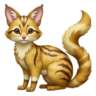 Hyper realistic  honey-gold caramel fur marbled with cream-sugar ripples and satin gloss beautiful elegant pretty precious cute  Fakémon-Pokémon-opossum-feline-serval-caracal-chinchilla-Furret-Minccino-hybrid-creature with a big fluffy bushy tail (full body) sticker