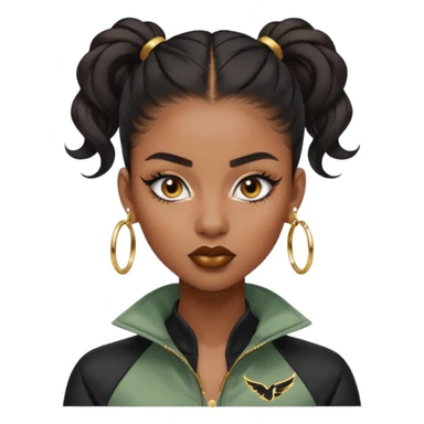 “black Emoji girl, fierce confident expression, sharp black winged eyeliner, bold brows, matte nude lips, long curled lashes, sleek high ponytail, gold hoop earrings, sporty streetwear jacket.” sticker