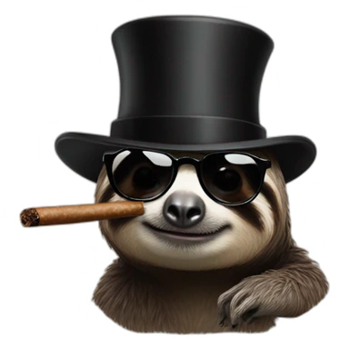 A sloth wearing a black top hat with black glasses smoking a cigar sticker