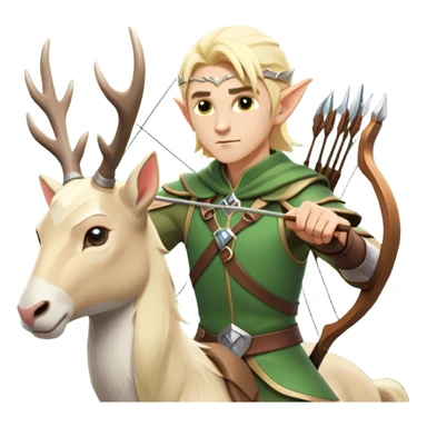 clash-of-clans-aesthetic-blond-male elf-archer-portrait-emoji, rendered in a flat, vector-style with minimal shading and bold holding his bow, simplified shapes, head tilted slightly forward with a determined, focused expression, riding a majestic white stag whose antlers glow with mystical energy, set against an ancient, enchanted forest backdrop. sticker