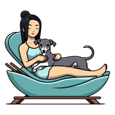 Very thin Chinese woman with long black hair relaxing on a spa lounger with exactly ONE whippet dog. EXTREME IMPORTANCE: the whippet must have a COMPLETELY GREY FACE with ABSOLUTELY NO WHITE MARKINGS anywhere on its face, muzzle, or nose. The entire dog must be ONE SOLID VERY DARK CHARCOAL GREY COLOR from nose to tail with NO WHITE or LIGHT AREAS anywhere - NO white on face, NO white on muzzle, NO white on chest, NO white on paws, NO white on tail - NOTHING BUT A SINGLE SHADE OF VERY DARK GREY throughout the entire animal sticker