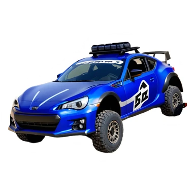 Rally race car Widened Long wheelbase widened pearly midnight satin dark blue  2025 Subaru brz off-road racer chrome nerf bars,side steps mounted under-door-sill climbing rock sliders, and matte silver wheels  sticker
