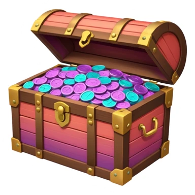 wooden brown treasure chest filled with  coins 
Change coins color in in gradient of turquoise, blue, pink, purple, and coral sticker