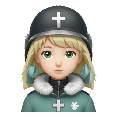 a cute anime girl with short blonde hair and soft bangs, large light blue eyes, and a gentle, calm expression. She is wearing a dark gray helmet with a small cross symbol on the front and a green coat with a fluffy white fur collar. Minimalistic, soft, and innocent character design. sticker
