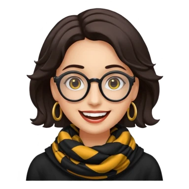 Emoji estilo WhatsApp de una mujer sonriente con rostro ovalado, piel semi oscura, ojos grandes y oscuros, cejas gruesas arqueadas, gafas grandes redondeadas, rizos voluminosos negros, bufanda colorida y expresión tierna. Colores limpios, contornos suaves y fondo transparente. sticker