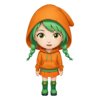 cute green-haired girl with orange eyes, wearing an orange hoodie, green skirt, orange knee socks, and green boots, with a small carrot accessory on her head, big expressive eyes, simple emoji face, round head, clean vector style sticker