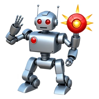 robot being hit with a red beam by a flying robot sticker