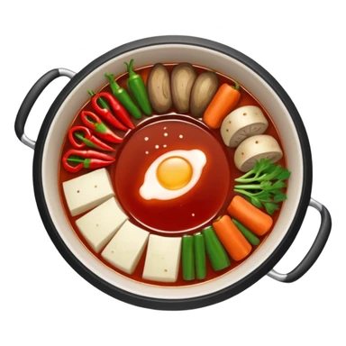 A hot pot emoji in top-down view. The pot is divided into two sections: one with spicy red broth filled with chili peppers, and one with mild white broth. Surround the pot with rolled slices of meat, vegetables, and mushrooms.The meat outside the pot sticker