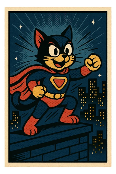 super cat standing on rooftop with city background at night, comic style sticker