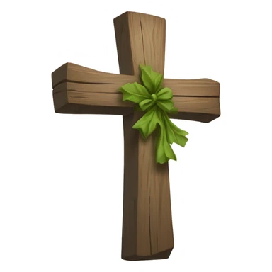 A rustic wooden cross with unevenly draped light-colored cloth, longer on the right side. Behind it, a subtle wreath of green leaves adds depth. The design is simple and symbolic. sticker