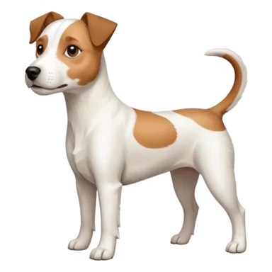 a full body white parson russell looking dog the size of a kelpie with light brown ears and a light brown patch on one eye and a large snout sticker