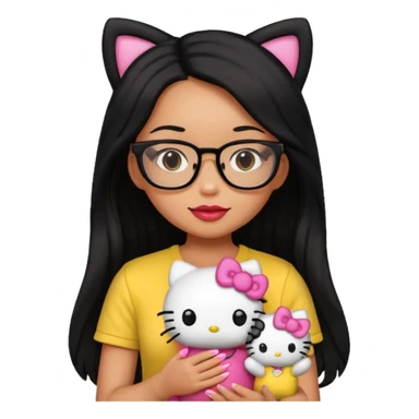 Nails cute with hello kitty wear glasses black long  hair, woman wear yellow shirt , red nails , big hello kitty doll sticker