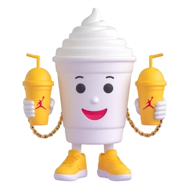 3D cartoon character of a Styrofoam cup of lean (purple drank), with a friendly face, arms, a gold chain, and Jordan sneakers, simple style sticker