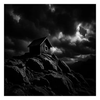 a tiny cabin on a rocky mountain summit, dramatic, bold contrast sticker