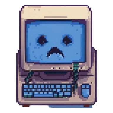 a pixel art computer showing a blue screen of death, with a sad face, representing an AI fail sticker