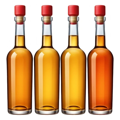 Four bottles of alcohol without labels, each with distinct shapes, arranged neatly in a row. The bottles should vary in color and size, with detailed caps. sticker