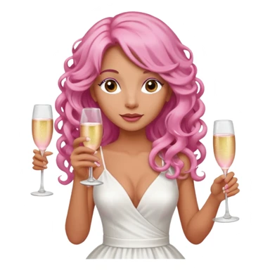 One lady with long pink curled hair and tan skin holding a glass of  pink champagne in each hand sticker