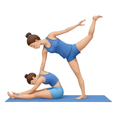 Minimalist flat vector illustration of a woman doing yoga in forward fold pose (Uttanasana), wearing sportswear (blue top and blue shorts), brown hair in a bun, clean white background, no face details, elegant style sticker