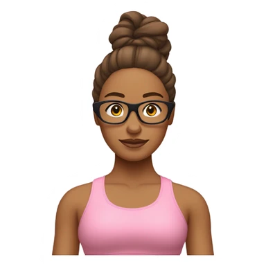 emoji de chica relizando yoga, usa lentes de maco dorado y sin finos, tiene un traje de gimnasia rosado y su cabello es cobrizo sticker