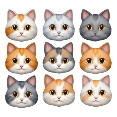 6 realistic looking cats with different natural coloured coats, assorted grey and white, greys, calico, brown and white colours etc
 sticker