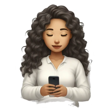 asian girl with curly long hair and white long sleeve shirt fall asleep on bed with phone in hand sticker
