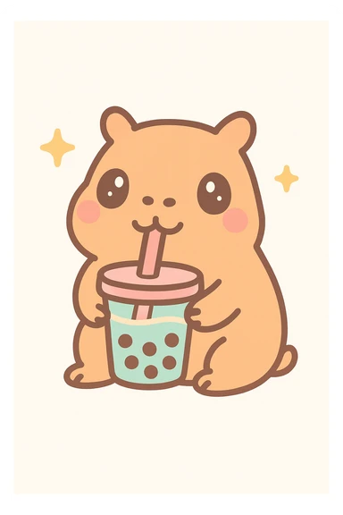 a fun and cute capybara drinking boba tea, playful and charming, adorable and friendly, with a straw and tapioca pearls visible sticker